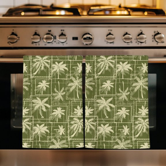 Tropical Botanical Kitchen Towels Set of 3, Summer Palm Trees Leaves Grid Sage Green Absorbent Dish Towels for Kitchen, Microfiber Hand Towel, Quick Drying Tea Towel for Cleaning Dishcloths
