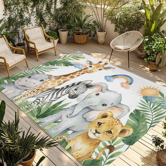 Tropical Botanical Outdoor Rug 3x5 ft Cute Zebra Leopard Giraffe Cartoon Elephant Hippo Non Slip Patio Rug Washable Absorbent Large Outdoor Carpet Outside Mat for Porch RV Garden Camping