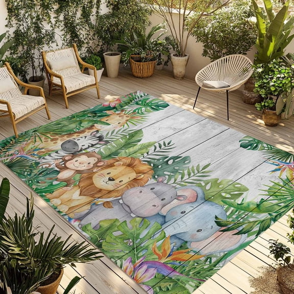 Tropical Botanical Outdoor Rug 3x5 ft Cute Zebra Lion Monkey Cartoon Elephant Wood Grain Non Slip Patio Rug Washable Absorbent Large Outdoor Carpet Outside Mat for Porch RV Garden Camping
