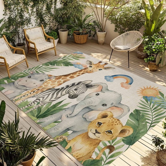 Tropical Botanical Outdoor Rug 5x7 ft Cute Zebra Leopard Giraffe Cartoon Elephant Retro Non Slip Patio Rug Washable Absorbent Large Outdoor Carpet Outside Mat for Porch RV Garden Camping