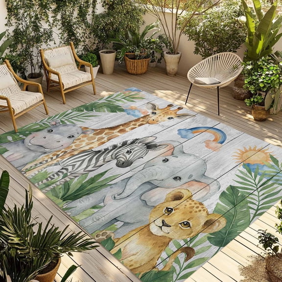 Tropical Botanical Outdoor Rug 5x7 ft Cute Zebra Leopard Giraffe Elephant Wood Grain Non Slip Patio Rug Washable Absorbent Large Outdoor Carpet Outside Mat for Porch RV Garden Camping