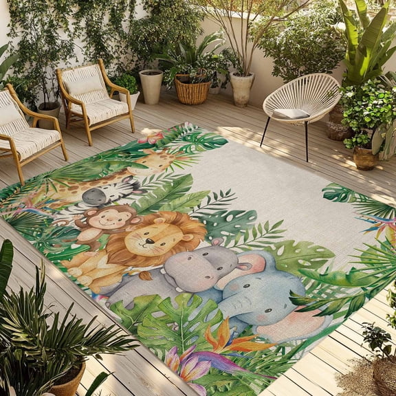 Tropical Botanical Outdoor Rug 5x8 ft Cute Zebra Lion Monkey Cartoon Elephant Giraffes Non Slip Patio Rug Washable Absorbent Large Outdoor Carpet Outside Mat for Porch RV Garden Camping