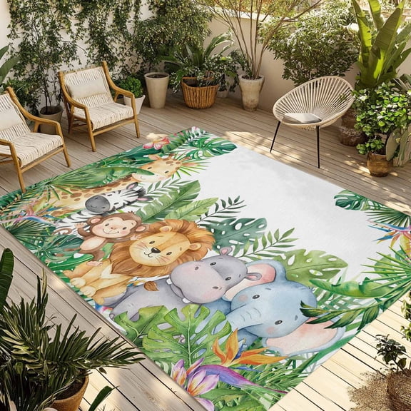 Tropical Botanical Outdoor Rug 6x9 ft Cute Zebra Lion Monkey Cartoon Elephant Hippo Non Slip Patio Rug Washable Absorbent Large Outdoor Carpet Outside Mat for Porch RV Garden Camping