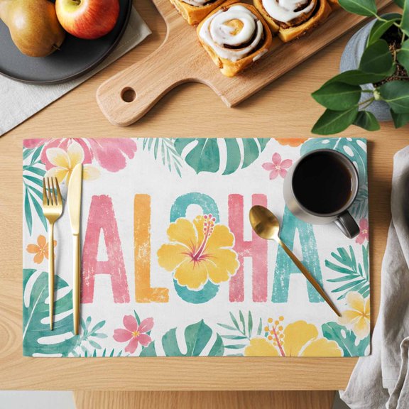 Tropical Botanical Placemats Set of 1 Summer ALOHA Text Hibiscus Flower Green Leaf Heat Insulation Non-Slip Place Mats Washable Table Mats for Dining room Party Kitchen Decor, 13 x 19 Inches