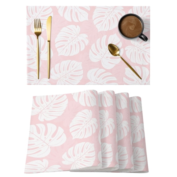 Tropical Botanical Placemats Set of 12 Monstera Leaves Summer Pink Place Mats Indoor Wipeable Table Mats Washable Cloth Dining Table Placemats for Kitchen Holiday Party Home Decor 13x19 Inch