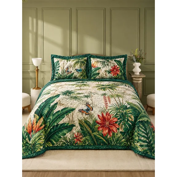 Tropical Botanical Quilted 3-Piece Bedding Set Luxury Quilted Bedding with Matching Pillow Shams