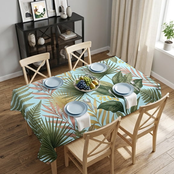 Tropical Botanical Rectangle Tablecloth 52x70 Inch Rustic Pastel Fern Palm Leaves Blue Waterproof Polyester Table Cover, Washable Stain Resistant Tablecloth for Dining Table Kitchen Wedding