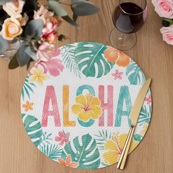 Tropical Botanical Round Braided Placemats Set of 1, Summer ALOHA Text Hibiscus Flower Green Leaf Heat Insulation Place Mats Washable Non-Slip Table Mats for Kitchen Dining Party, 13 Inches