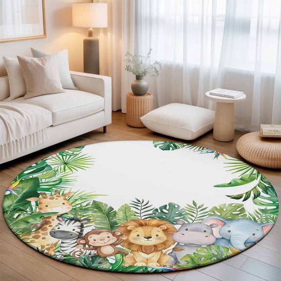 Tropical Botanical Round Rug 6Ft Cute Zebra Lion Monkey Cartoon Elephant Hippo Circle Area Rugs Washable Non Slip Indoor Floor Mats Carpet for Living Room Bedroom Dining Room Home Decor