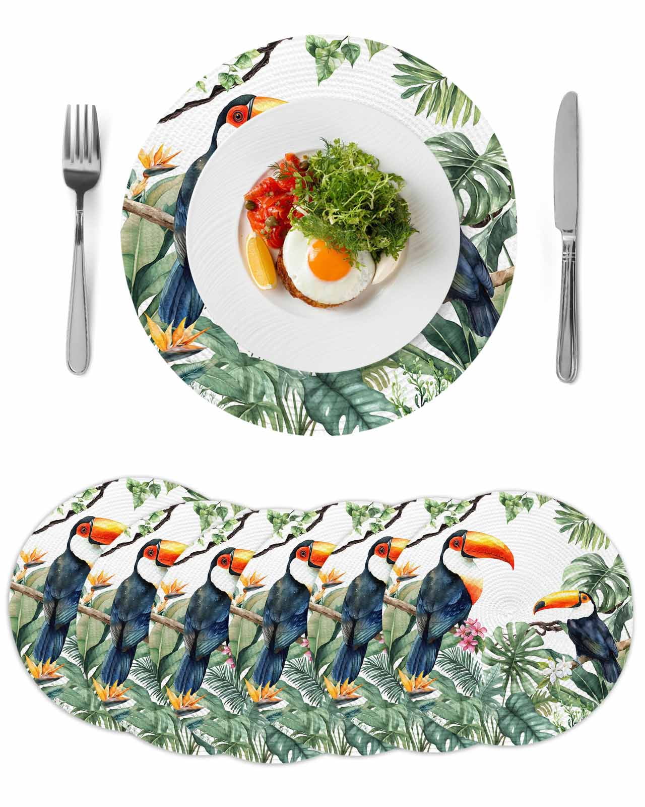 Tropical Botanical Round Table Placemats set of 6, Palm Banana Leaf Toucan Washable Woven Place Mats for Dining Tables Kitchen Party Decor,Heat Proof, 15in, Green