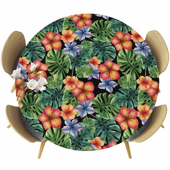 Tropical Botanical Round Tablecloth 36-44 Inch Round Fitted Table Cloth with Elastic Edge, Summer Watercolor Floral Leaves Waterproof Table Cover Protector for Outdoor Picnic Party Dining