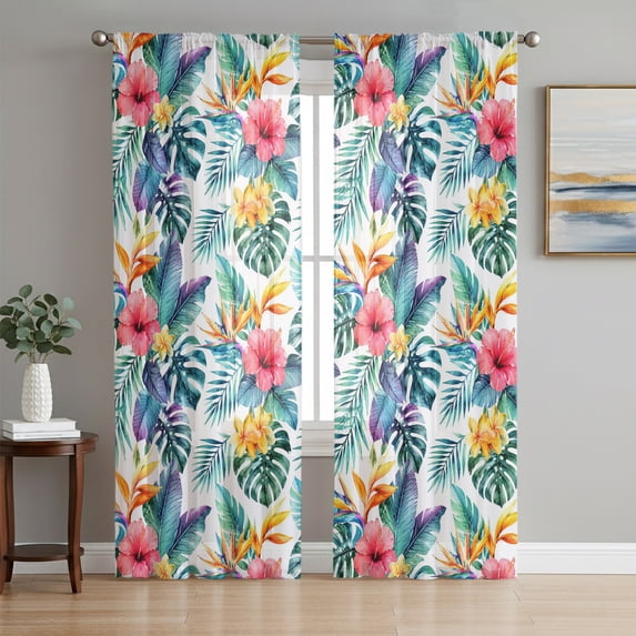 Tropical Botanical Sheer Curtains 96 Inch Length 2 Panels Set, Summer Monstera Palm Leaf Floral Watercolor Window Treatment Semi Sheer Long Curtains Drapes for Bedroom/Living Room/Kitchen 52"x96"x2