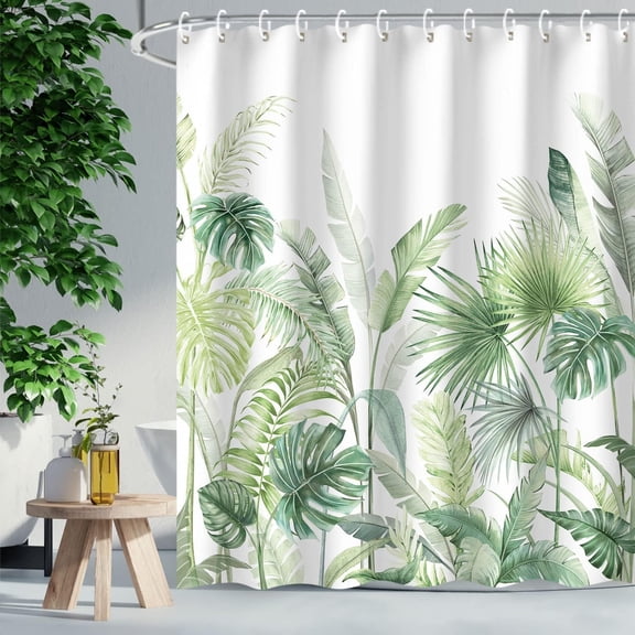 Tropical Botanical Shower Curtain Set, 72x72 inches, Green Leaf Pattern with 12 Hooks