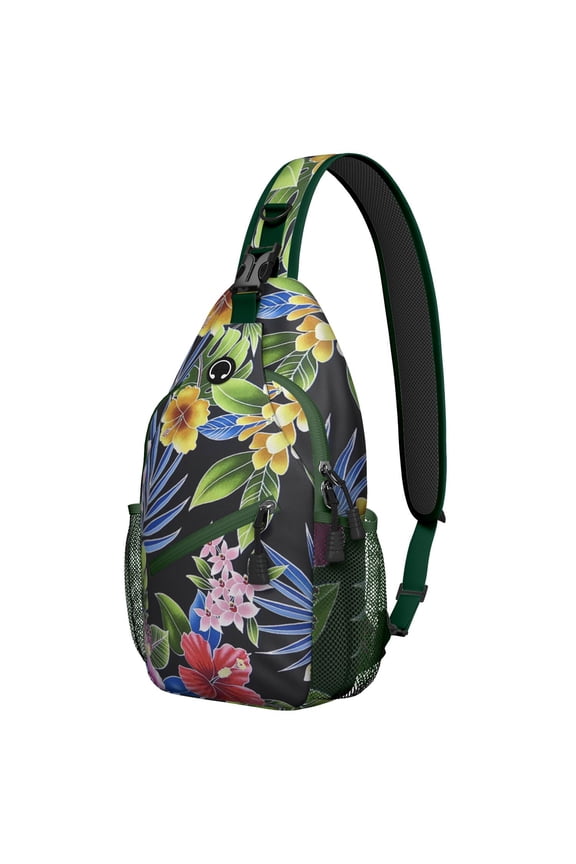 Tropical Botanical Sling Backpack for Travel, Hawaiian Floral Jungle Leaves Pattern, Palm Leaf Exotic Design, Lightweight Summer Beach Bag