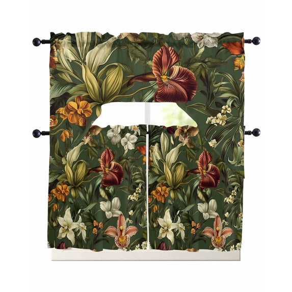 Tropical Botanical Swag Kitchen Curtains Sets for Windows 24 Inch Length, Summer Vintage Flowers Blooms Short Window Curtain Panels Swags Valances and Tiers 3 Piece Set for Cafe/Dining Room