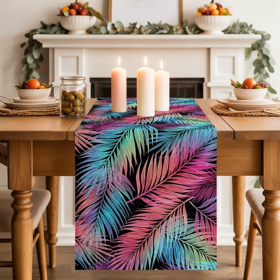 Tropical Botanical Table Runner 13x36 Inch Gradient Fantasy Palm Leaf Fern Leaf Cotton Linen Dining Table Runner Ideal for Dresser Kitchen Coffee Tables - Machine Washable