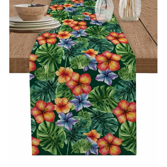 Tropical Botanical Table Runner Cotton Linen 36 Inch Holiday Dresser Scarves, Summer Watercolor Leaves Flowers Tablerunner for Kitchen Coffee Dining Bedroom Living Room Dinner Scarf Décor 13''x36''