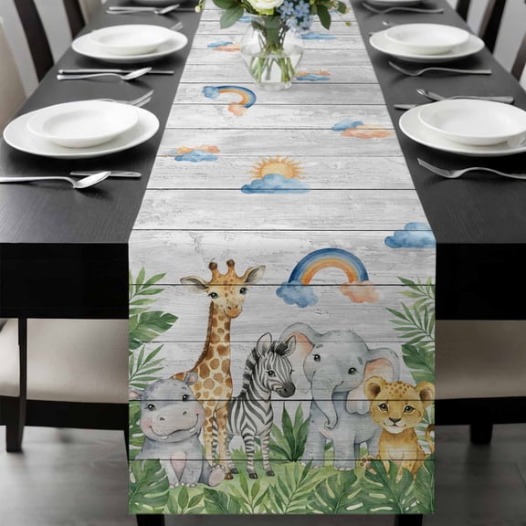 Tropical Botanical Table Runner, Cute Zebra Leopard Giraffe Elephant Wood Grain Washable Cotton-linen Table Runners Dining Kitchen Decoration for Everyday Home Wedding Party Decor, 13 x 60 Inch