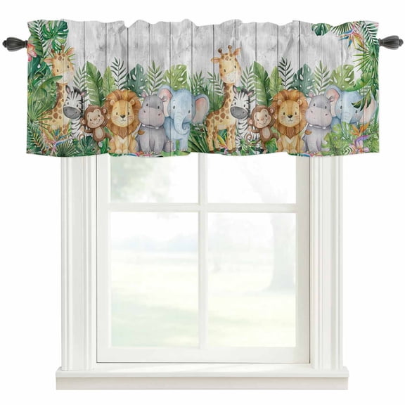 Tropical Botanical Valances for Windows Cute Zebra Lion Monkey Cartoon Elephant Wood Grain Rod Pocket Curtain Valance Window Treatment Short Curtains for Kitchen Living Room, 42"x18"