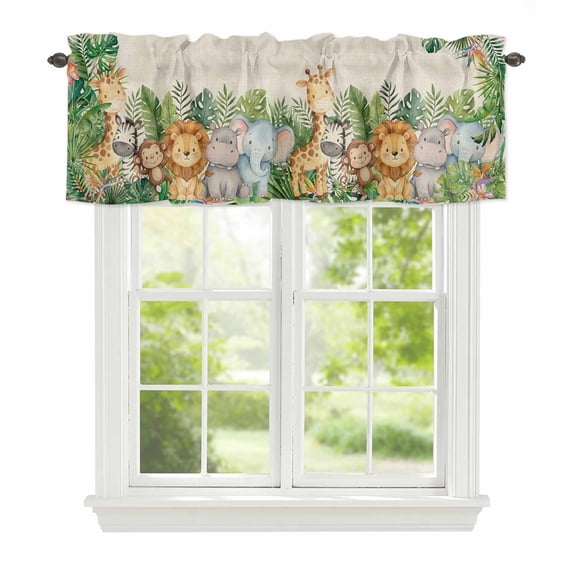 Tropical Botanical Window Valance for Kitchen, Cute Zebra Lion Monkey Cartoon Elephant Giraffes Rod Pocket Short Curtain for Small Windows, Light Filtering Decorative Valance, 42 x 18 Inch, 1 Panel