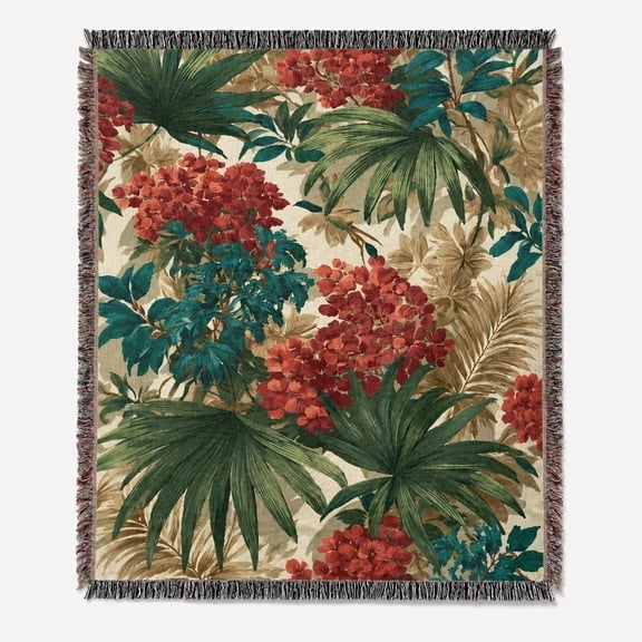 Tropical Botanical Woven Cotton Blanket with Fringe, Floral Leaf Throw