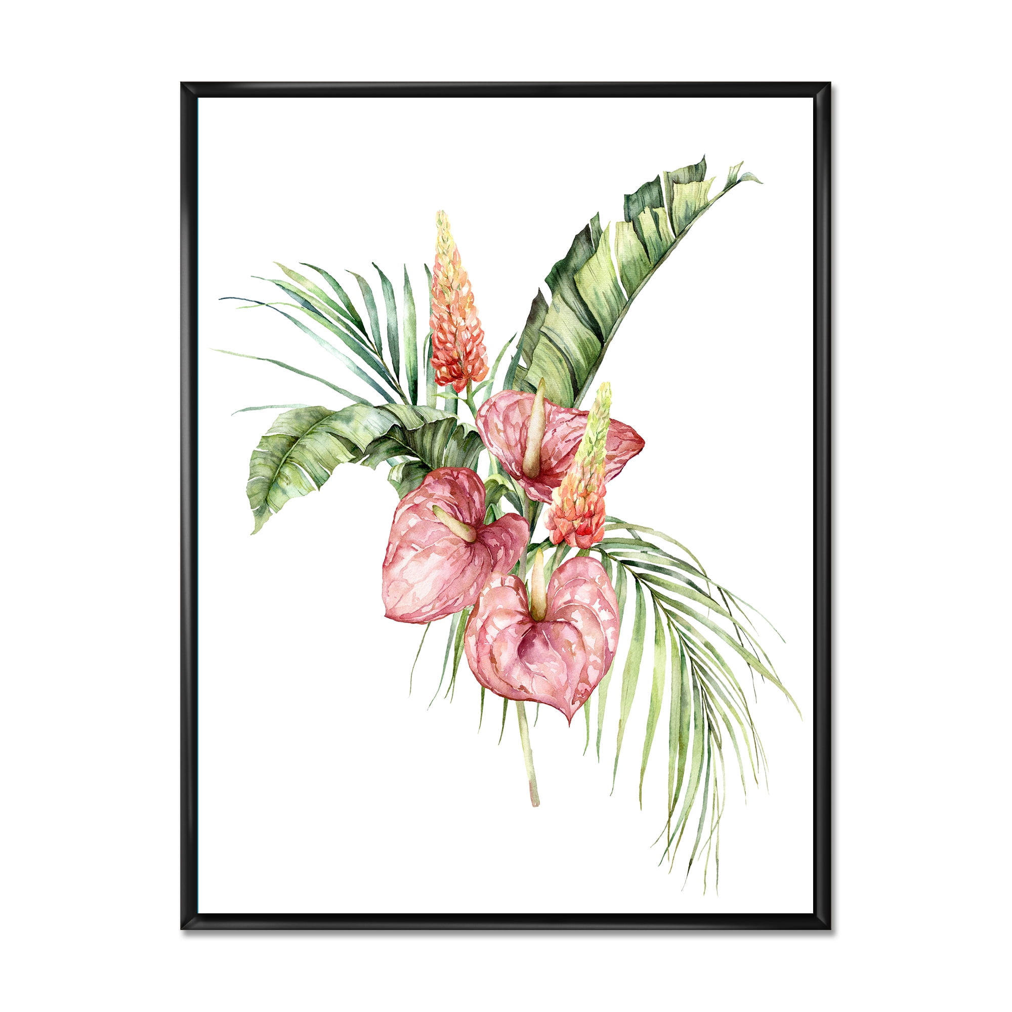 Tropical Bouquet With Anthurium Lupine and Leaves On White II 12 in x 20 in Framed Painting Canvas Art Print, by Designart