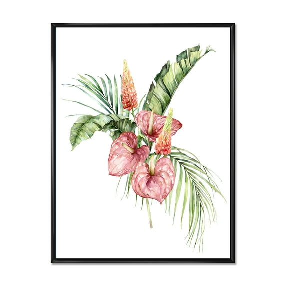 Tropical Bouquet With Anthurium Lupine and Leaves On White II 30 in x 40 in Framed Painting Canvas Art Print, by Designart