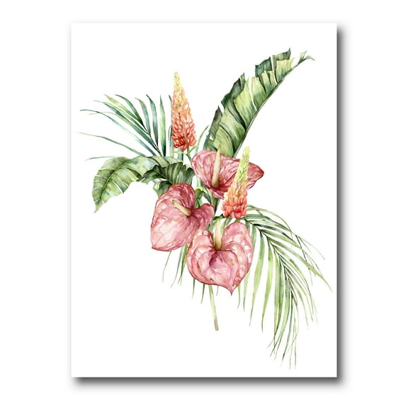 Tropical Bouquet With Anthurium Lupine and Leaves On White II 8 in x 12 in Painting Canvas Art Print, by Designart