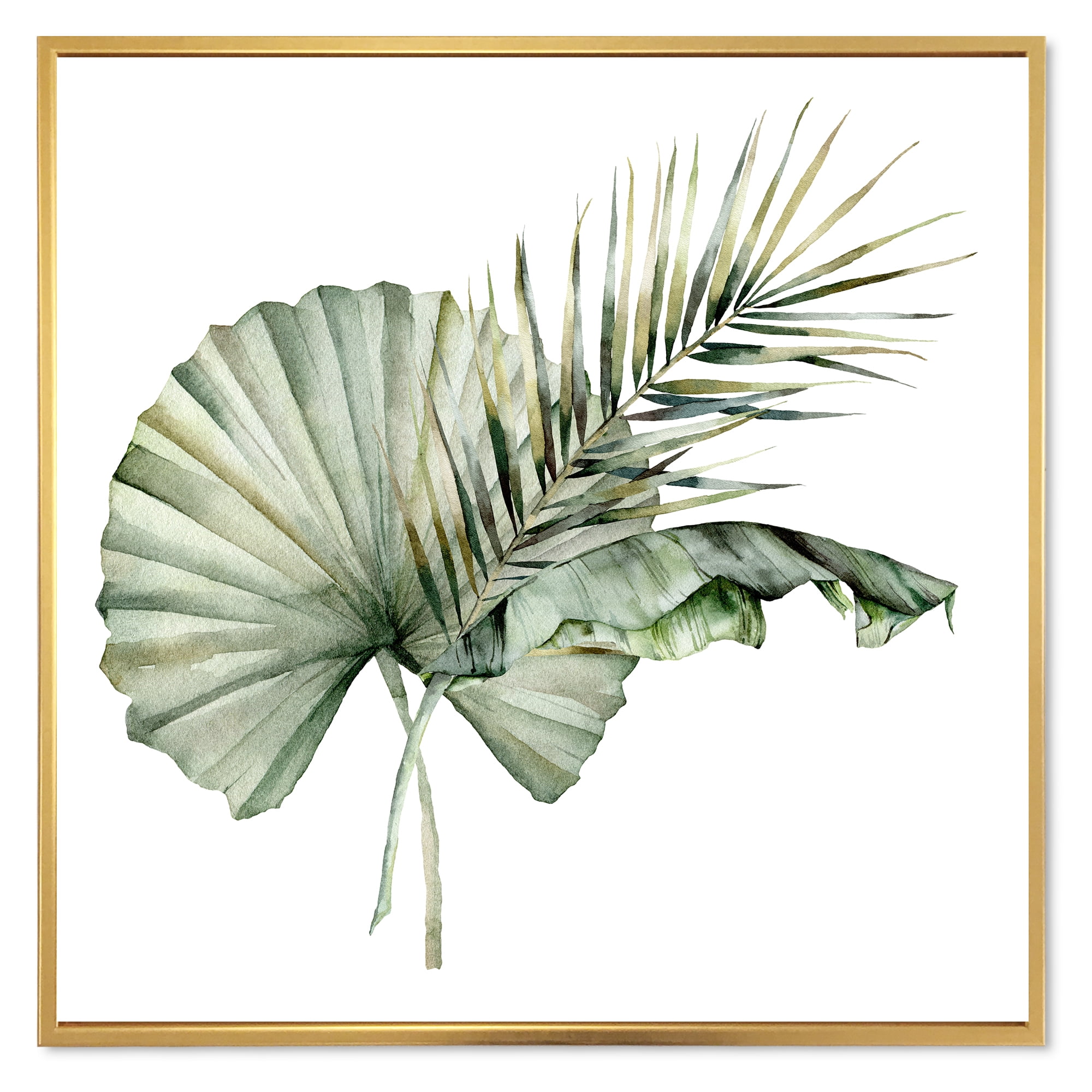 Tropical Bouquet With Banana Coconut and Palm Leaves 30 in x 30 in Framed Painting Canvas Art Print, by Designart