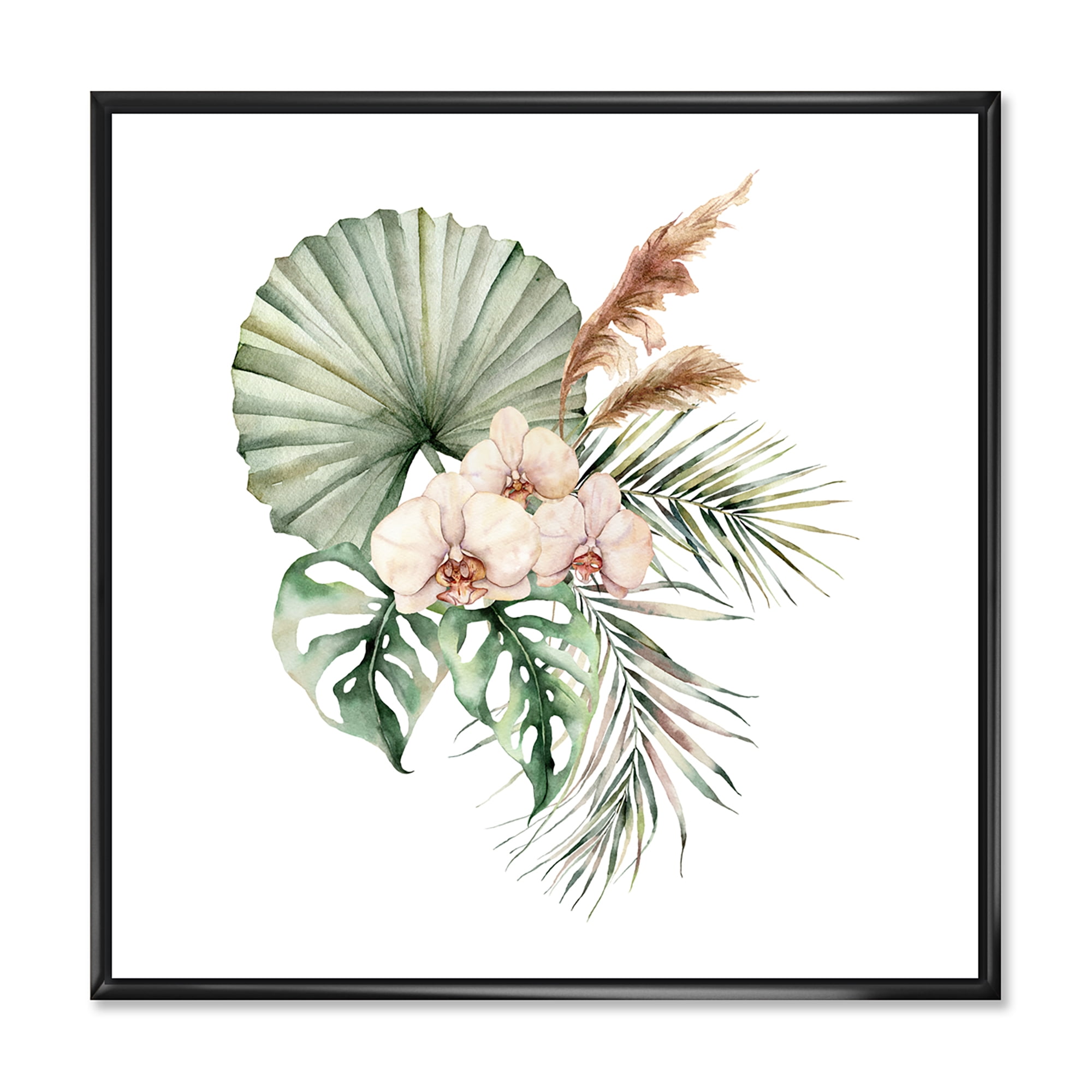 Tropical Bouquet With Palm Orchids Leaves 16 in x 16 in Framed Painting Canvas Art Print, by Designart