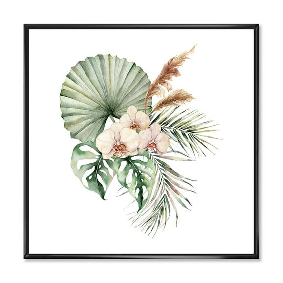 Tropical Bouquet With Palm Orchids Leaves 16 in x 16 in Framed Painting Canvas Art Print, by Designart