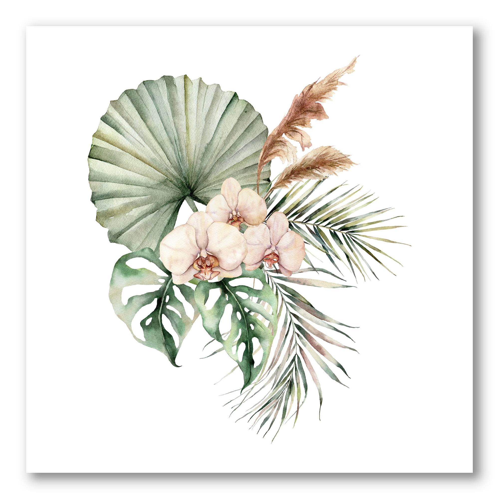 Tropical Bouquet With Palm Orchids Leaves 30 in x 30 in Painting Canvas Art Print, by Designart
