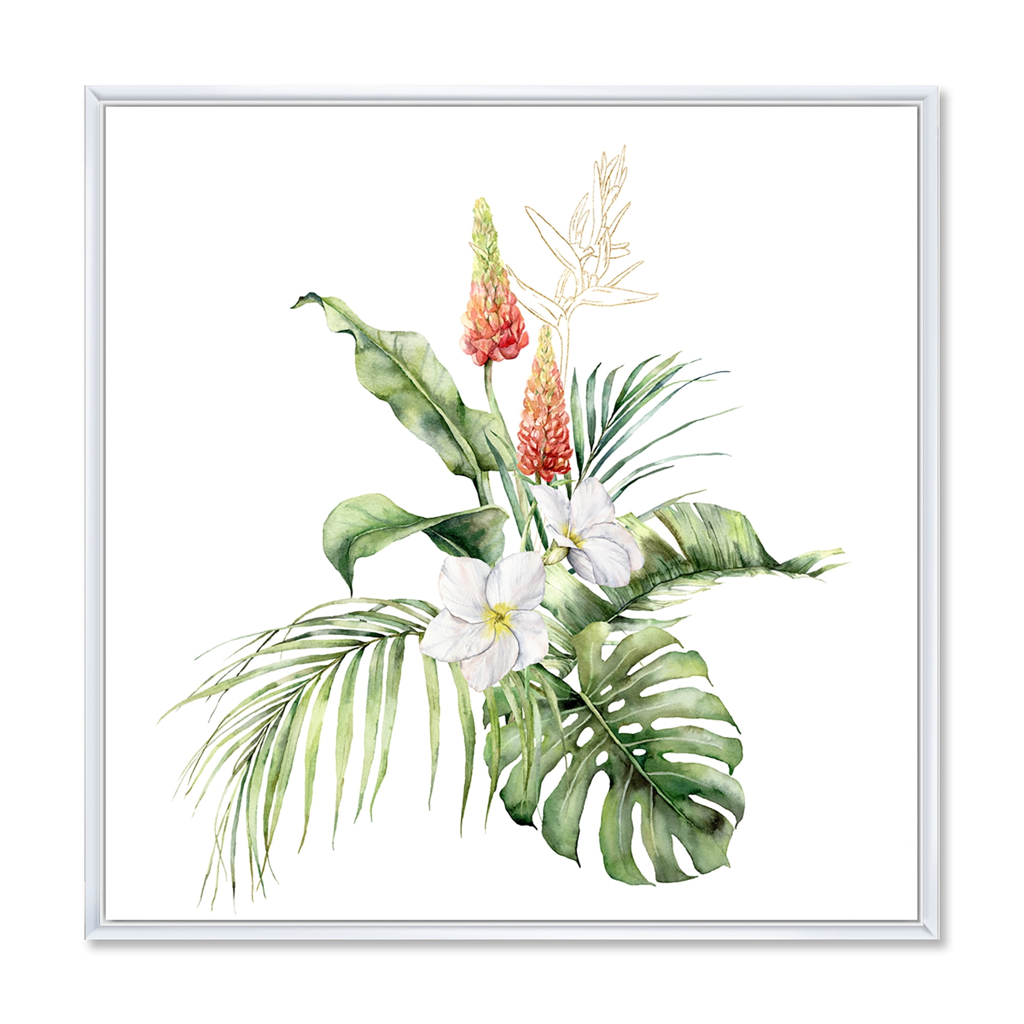 Tropical Bouquet With Plumeria Lupine Palm Leaves 16 in x 16 in Framed Painting Canvas Art Print, by Designart