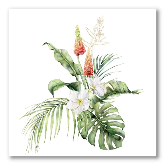 Tropical Bouquet With Plumeria Lupine Palm Leaves 30 in x 30 in Painting Canvas Art Print, by Designart