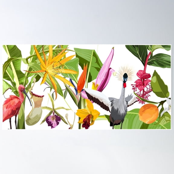 Tropical Bright Botanical Landscape, Palm Tree, Banana Tree, Plant. Floral Border Background. Poster Wall Art, Modern Wall Decor For Living Room Bedroom, 24x36 UNFRAMED