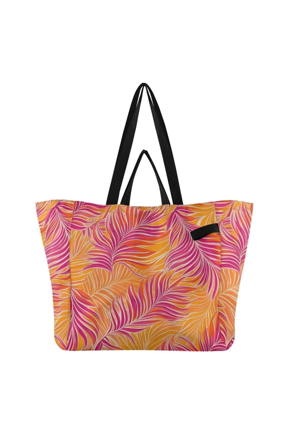 Tropical Bright Color Palm Tree Leaves Foldable Canvas Tote Bags Reusable Grocery Bags Laundry Bags Beach Bag 32L