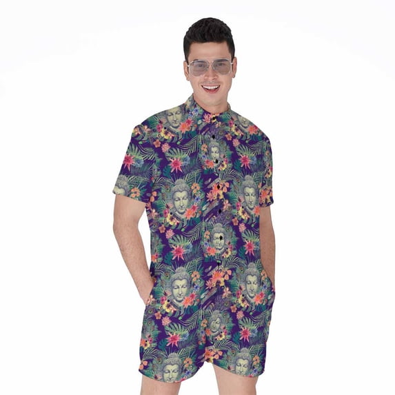 Tropical Buddha Short Sleeve Men'S Rompers, Aloha Hawaiian Tropical Floral Plants Summer Casual Summer Jumpsuits Outfit