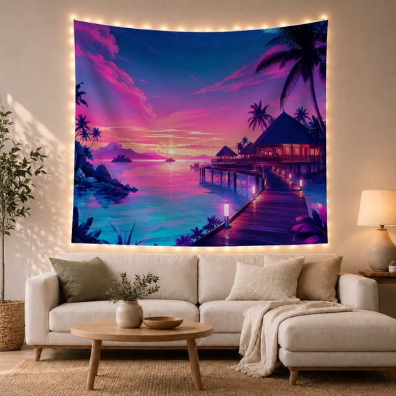 Tropical Bungalows Over Glowing Sunset Waters, Serene Digital Art for Beach Lovers, Island Escape Decor, Housewarming Gift, Tapestry Wall Hanging for Bedroom and Living Room
