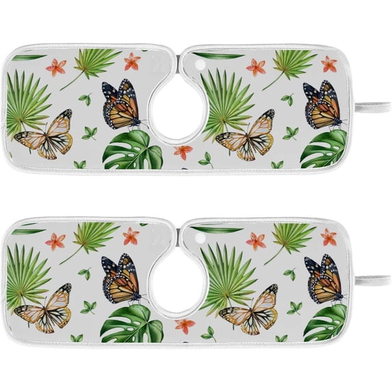 Tropical Butterfly Dragonfly and Monstera Leaves 2PCS Faucet Absorbent Mat Kitchen Faucet Sink Splash Guard Faucet Splash Catcher Water Absorbent Mat Faucet Mat for Kitchen Sink 30x15 Inch
