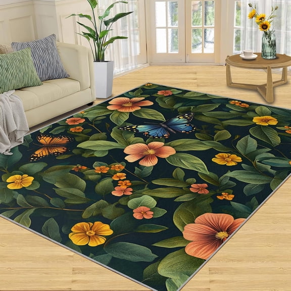 Tropical Butterfly Floral Area Rugs, Green Botanical Carpet, Washable Non Slip Low Pile Soft Rug for Living Room Bedroom Dining Room Home Office Decor Mat 2x3ft