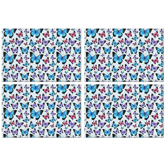 Tropical Butterfly Floral Artistic Pattern Heat Resistant Flax Table Mats, Wrinkle Free Machine Washable Place Mats for Dining Table, Cute Aesthetic Design for Butterfly Lover, Set of 4