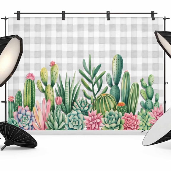 Tropical Cactus Backdrop for Photography, Pink Green Succulents Plants Gray Plaid Photo Backdrop Portrait Background Party Banner Photo Backgrounds for Studio Booth Props, 7x5ft