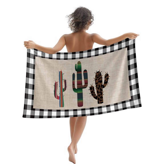 Tropical Cactus Beach Towels Blanket Soft & Absorbent Quick Dry Microfiber Black Buffalo Check Plaid Pool Towels for Swimming ,Yoga, Sports, Gym, Camping,Large 30X60in,