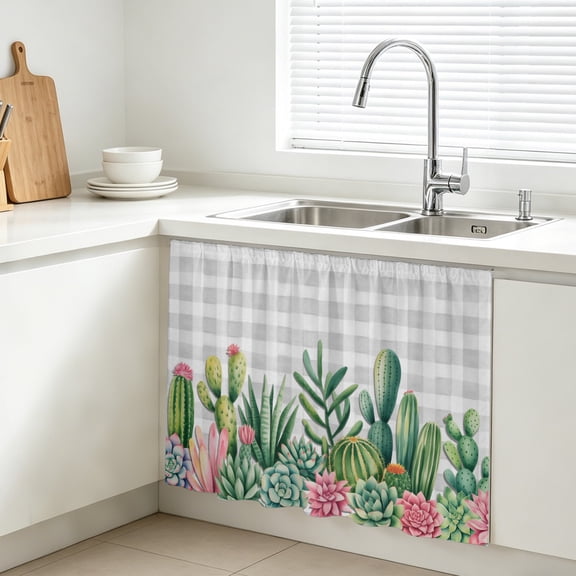 Tropical Cactus Cabinet Curtains for Kitchen 10"W x 11"L, Pink Green Succulents Plants Gray Plaid Under Sink Skirt Magic Tape Short Curtain Decorative Privacy Panel for Bathroom Laundry