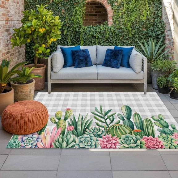 Tropical Cactus Indoor Outdoor Rugs 4x6 Ft, Pink Green Succulents Plants Gray Plaid Outdoor Patio Rugs Mat Washable Outside Area Rugs Carpet for Porch Deck RV Camping Pool Balcony Backyard