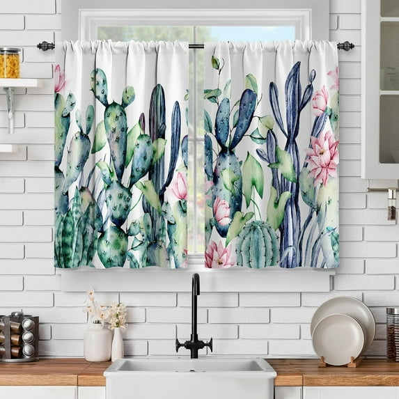 Tropical Cactus Kitchen Curtains - Watercolor Succulent Short Cafe Curtains for Bathroom Living Room Decor Tier Curtains Country Farm Printed Rod Pocket Window Drapes 24 Inches Length 2 Panel Set