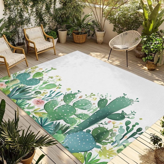 Tropical Cactus Outdoor Rug 3x5 Ft - Reversible Patio Rug Outdoor Camping Rugs, Summer Green Botanical Washable Indoor Outdoor Area Rugs, Non-Slip Outdoor Carpet Runner for Deck/Porch