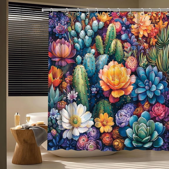 Tropical Cactus Shower Curtain Boho Succulent Colorful Floral Southwest Plant Desert Style Vintage Botanical Bath Curtain Fabric Bathroom Accessories Decor with Hooks-60"W x 72"L (Pack of 1)