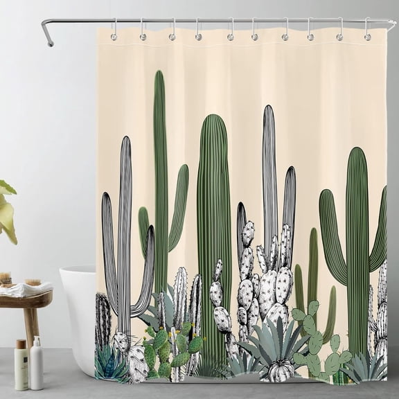 Tropical Cactus Shower Curtain with Hooks, Green Succulent Botanical Cactus on Pink Shower Curtain for Bathroom, Desert Sage Green Plant Bathroom Shower Curtains Set, 60x72Inches