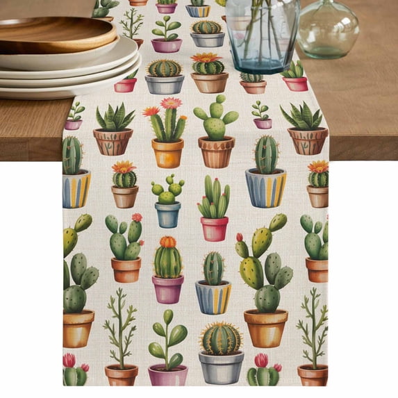 Tropical Cactus Table Runner 70 Inches, Spring Summer Potted Plants Rustic Bed Runner Dresser Scarves Tabletop for Indoor Outdoor Parties/Ceremony/Banquet, 13" x 70"
